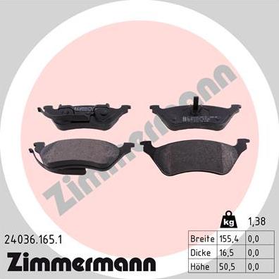 Zimmermann 24036.165.1 - Тормозные колодки, дисковые, комплект autospares.lv