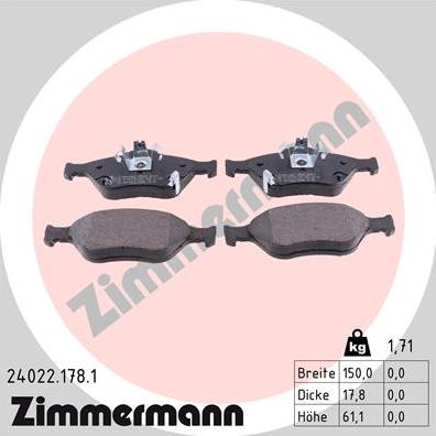 Zimmermann 24022.178.1 - Тормозные колодки, дисковые, комплект autospares.lv
