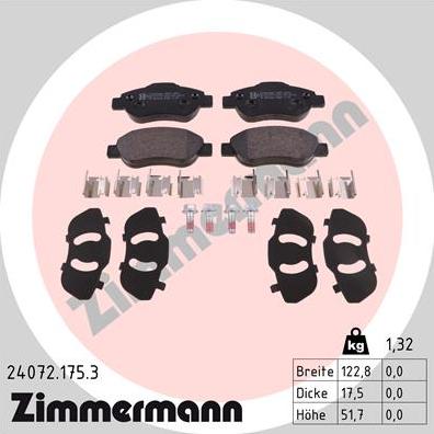 Zimmermann 24072.175.3 - Тормозные колодки, дисковые, комплект autospares.lv