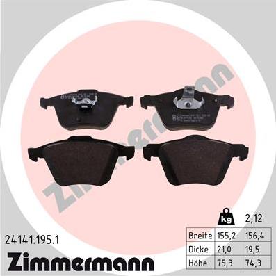 Zimmermann 24141.195.1 - Тормозные колодки, дисковые, комплект autospares.lv
