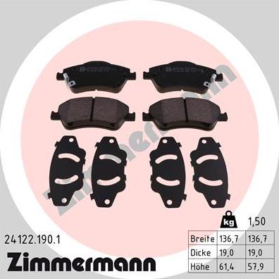 Zimmermann 24122.190.1 - Тормозные колодки, дисковые, комплект autospares.lv