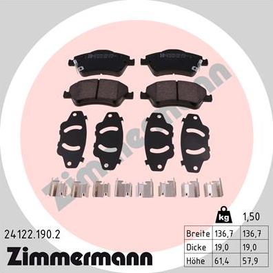 Zimmermann 24122.190.2 - Тормозные колодки, дисковые, комплект autospares.lv