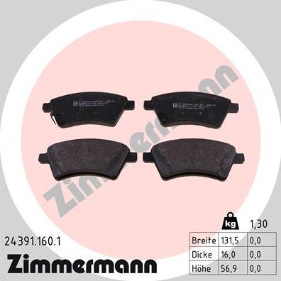 Zimmermann 24391.160.1 - Тормозные колодки, дисковые, комплект autospares.lv