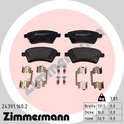 Zimmermann 24391.160.2 - Тормозные колодки, дисковые, комплект autospares.lv