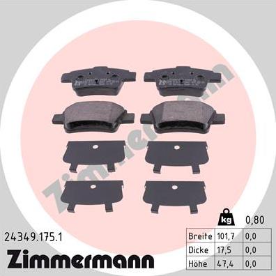 Zimmermann 24349.175.1 - Тормозные колодки, дисковые, комплект autospares.lv