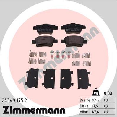 Zimmermann 24349.175.2 - Тормозные колодки, дисковые, комплект autospares.lv