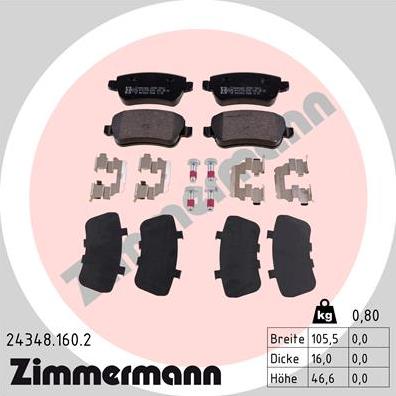 Zimmermann 24348.160.2 - Тормозные колодки, дисковые, комплект autospares.lv