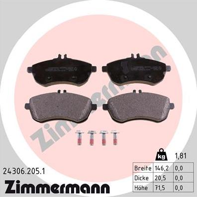 Zimmermann 24306.205.1 - Тормозные колодки, дисковые, комплект autospares.lv