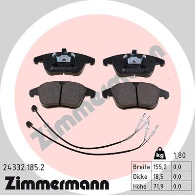 Zimmermann 24332.185.2 - Тормозные колодки, дисковые, комплект autospares.lv