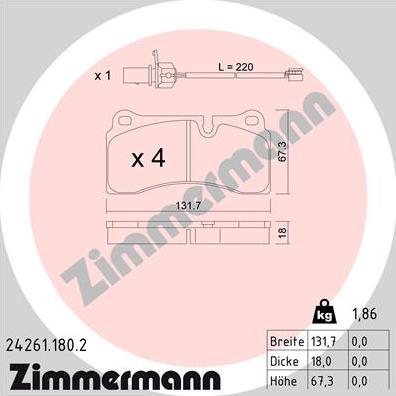 Zimmermann 24261.180.2 - Тормозные колодки, дисковые, комплект autospares.lv