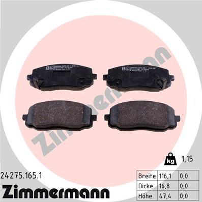 Zimmermann 24275.165.1 - Тормозные колодки, дисковые, комплект autospares.lv