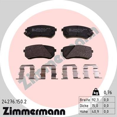Zimmermann 24276.150.2 - Тормозные колодки, дисковые, комплект autospares.lv