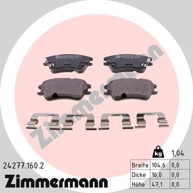 Zimmermann 24277.160.2 - Тормозные колодки, дисковые, комплект autospares.lv