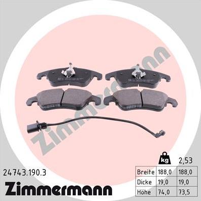 Zimmermann 24743.190.3 - Тормозные колодки, дисковые, комплект autospares.lv