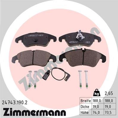 Zimmermann 24743.190.2 - Тормозные колодки, дисковые, комплект autospares.lv