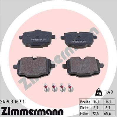 Zimmermann 24703.167.1 - Тормозные колодки, дисковые, комплект autospares.lv