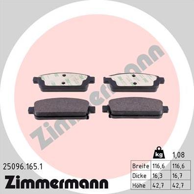 Zimmermann 25096.165.1 - Тормозные колодки, дисковые, комплект autospares.lv