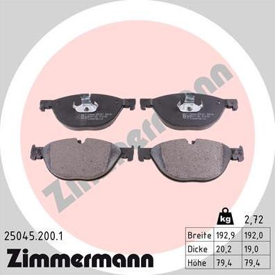 Zimmermann 25045.200.1 - Тормозные колодки, дисковые, комплект autospares.lv