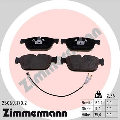 Zimmermann 25069.170.2 - Тормозные колодки, дисковые, комплект autospares.lv