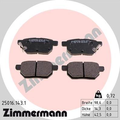 Zimmermann 25016.143.1 - Тормозные колодки, дисковые, комплект autospares.lv
