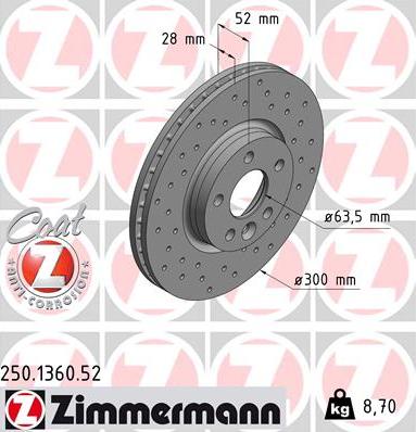 Zimmermann 250.1360.52 - Тормозной диск autospares.lv