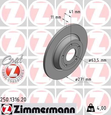 Zimmermann 250.1316.20 - Тормозной диск autospares.lv