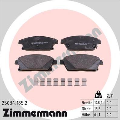 Zimmermann 25034.185.2 - Тормозные колодки, дисковые, комплект autospares.lv