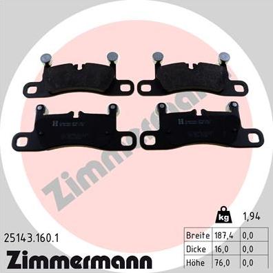 Zimmermann 25143.160.1 - Тормозные колодки, дисковые, комплект autospares.lv