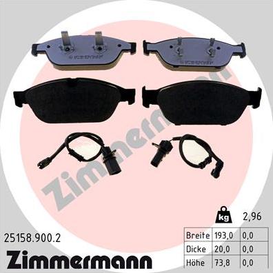 Zimmermann 25158.900.2 - Тормозные колодки, дисковые, комплект autospares.lv