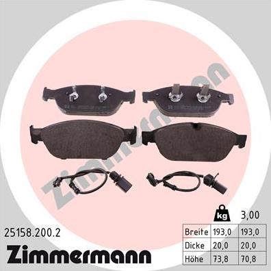 Zimmermann 25158.200.2 - Тормозные колодки, дисковые, комплект autospares.lv