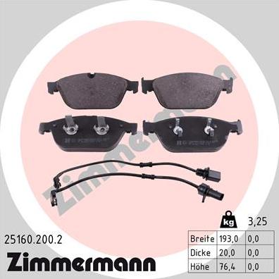 Zimmermann 25160.200.2 - Тормозные колодки, дисковые, комплект autospares.lv