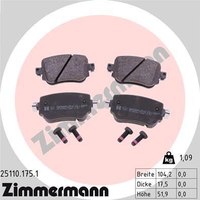 Zimmermann 25110.175.1 - Тормозные колодки, дисковые, комплект autospares.lv
