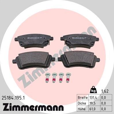 Zimmermann 25184.195.1 - Тормозные колодки, дисковые, комплект autospares.lv