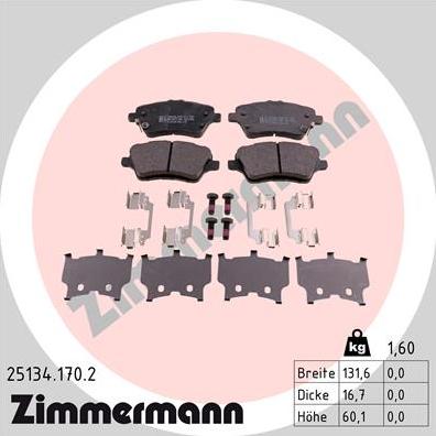 Zimmermann 25134.170.2 - Тормозные колодки, дисковые, комплект autospares.lv