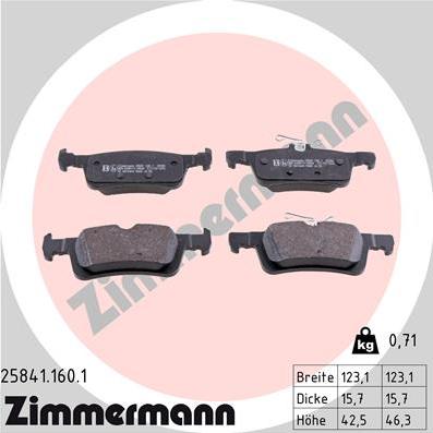 Zimmermann 25841.160.1 - Тормозные колодки, дисковые, комплект autospares.lv