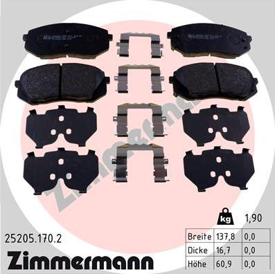 Zimmermann 25205.170.2 - Тормозные колодки, дисковые, комплект autospares.lv