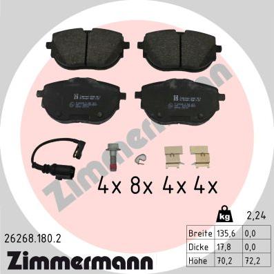 Zimmermann 26268.180.2 - Тормозные колодки, дисковые, комплект autospares.lv