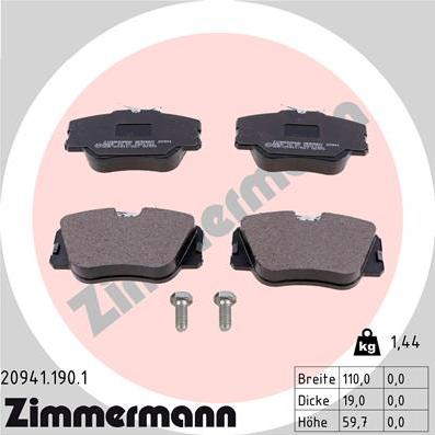 Zimmermann 20941.190.1 - Тормозные колодки, дисковые, комплект autospares.lv