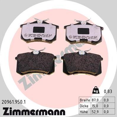 Zimmermann 20961.950.1 - Тормозные колодки, дисковые, комплект autospares.lv
