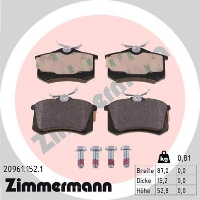 Zimmermann 20961.152.1 - Тормозные колодки, дисковые, комплект autospares.lv