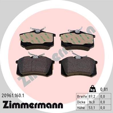 Zimmermann 20961.160.1 - Тормозные колодки, дисковые, комплект autospares.lv