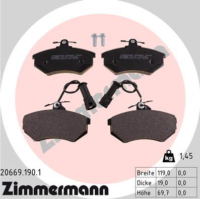 Zimmermann 20669.190.1 - Тормозные колодки, дисковые, комплект autospares.lv