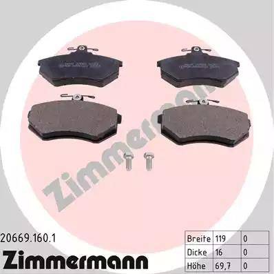 Zimmermann 20669.160.1 - Тормозные колодки, дисковые, комплект autospares.lv