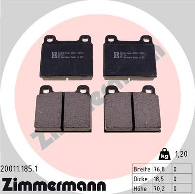 Zimmermann 20011.185.1 - Тормозные колодки, дисковые, комплект autospares.lv