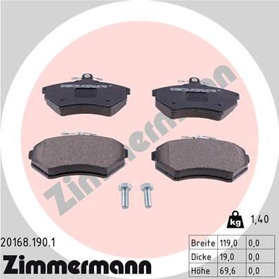 Zimmermann 20168.190.1 - Тормозные колодки, дисковые, комплект autospares.lv