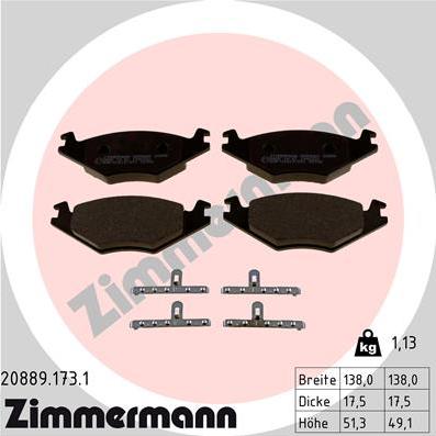 Zimmermann 20889.173.1 - Тормозные колодки, дисковые, комплект autospares.lv