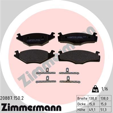 Zimmermann 20887.150.2 - Тормозные колодки, дисковые, комплект autospares.lv