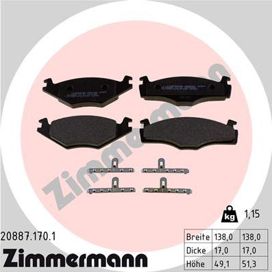 Zimmermann 20887.170.1 - Тормозные колодки, дисковые, комплект autospares.lv