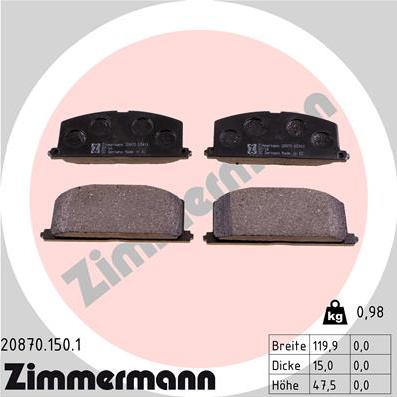 Zimmermann 20870.150.1 - Тормозные колодки, дисковые, комплект autospares.lv