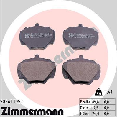 Zimmermann 20341.175.1 - Тормозные колодки, дисковые, комплект autospares.lv
